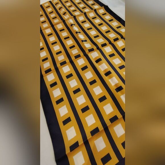 Laura Martino Long Fringe Vintage Silk Scarf Geometric Navy Blue & Gold - Picture 6 of 10